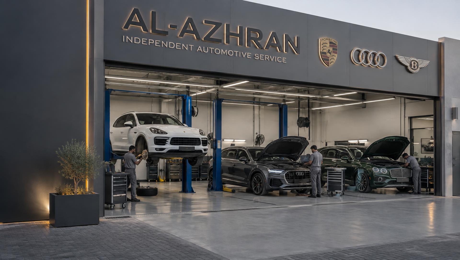 مشهد مولد بالذكاء الاصطناعي لسيارات بورش وأودي وبنتلي تخضع لخدمات صيانة مختلفة داخل ورشة مستقلة